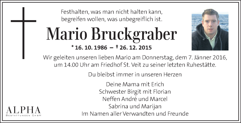  Traueranzeige für Mario Bruckgraber vom 03.01.2016 aus Kleine Zeitung