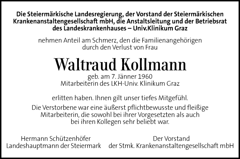  Traueranzeige für Waltraud Kollmann vom 14.01.2016 aus Kleine Zeitung