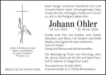Traueranzeige von Johann Ohler von Kleine Zeitung