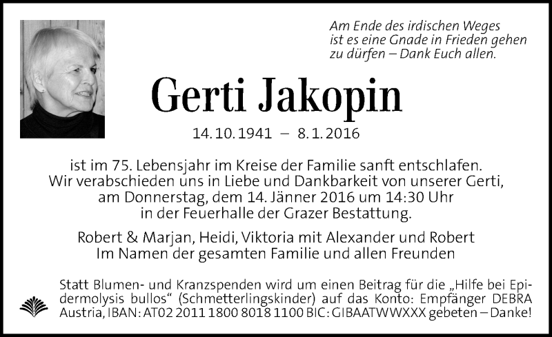  Traueranzeige für Gerti Jakopin vom 10.01.2016 aus Kleine Zeitung