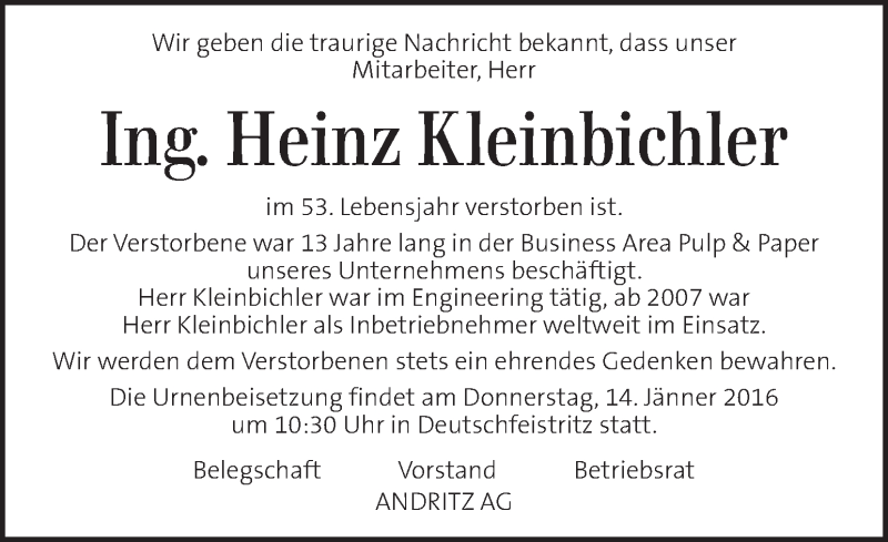  Traueranzeige für Heinz Kleinbichler vom 13.01.2016 aus Kleine Zeitung