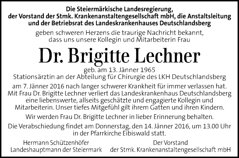  Traueranzeige für Brigitte Lechner vom 10.01.2016 aus Kleine Zeitung