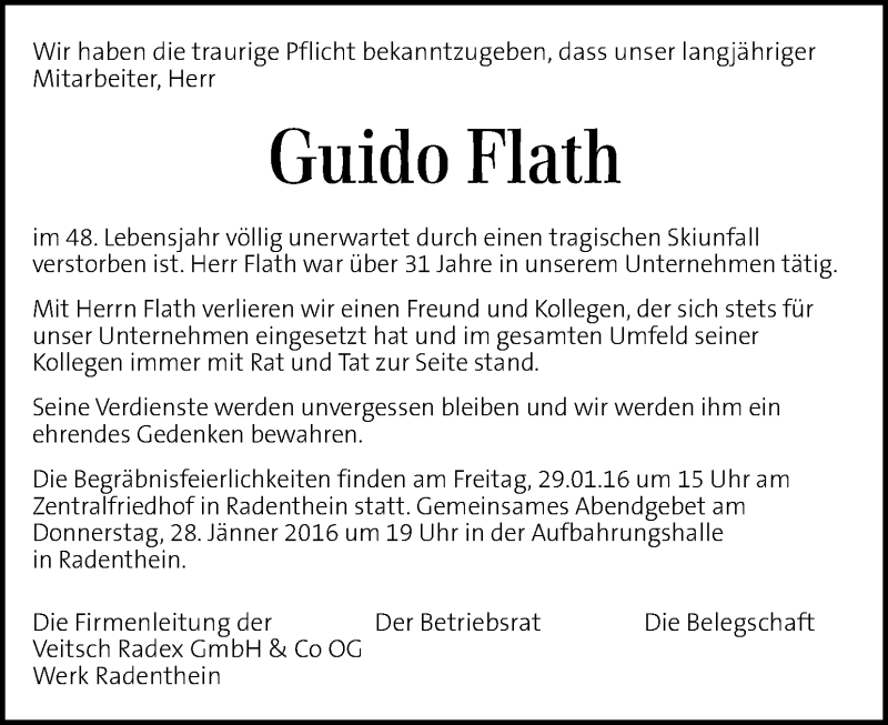  Traueranzeige für Guido Flath vom 28.01.2016 aus Kleine Zeitung