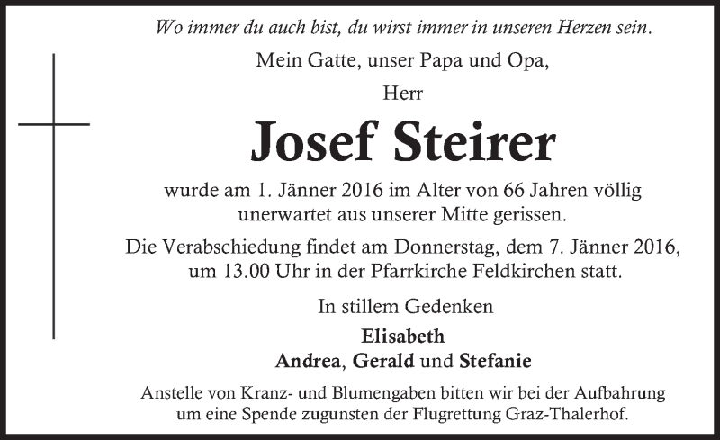  Traueranzeige für Josef Steirer vom 05.01.2016 aus Kleine Zeitung