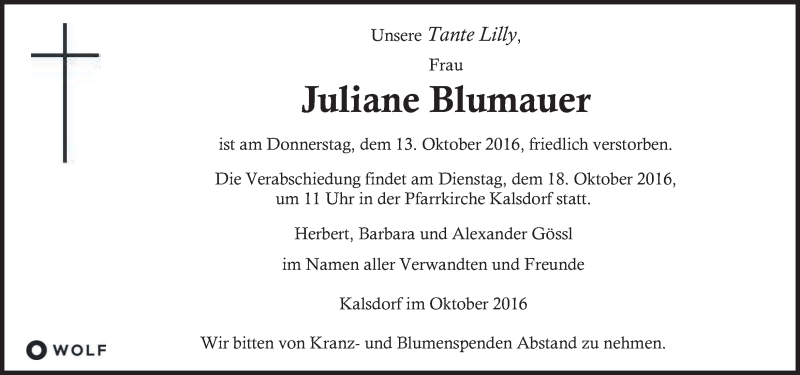  Traueranzeige für Juliane Blumauer vom 16.10.2016 aus Kleine Zeitung