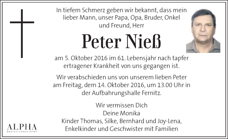  Traueranzeige für Peter Nieß vom 09.10.2016 aus Kleine Zeitung