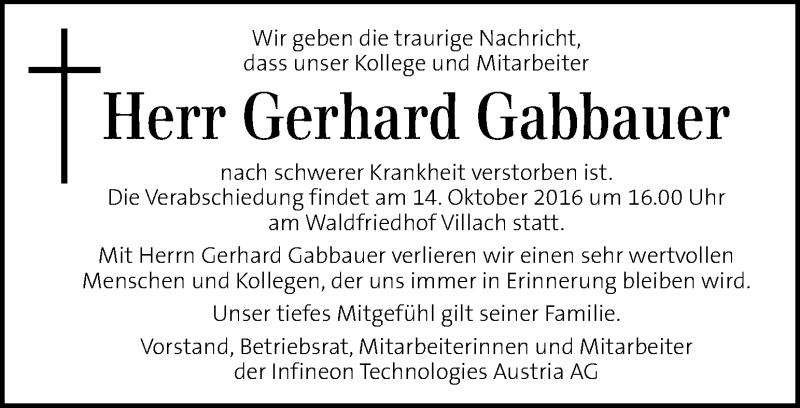  Traueranzeige für Gerhard Gabbauer vom 14.10.2016 aus Kleine Zeitung