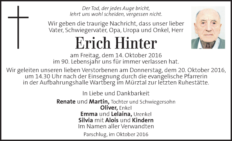  Traueranzeige für Erich Hinter vom 19.10.2016 aus Kleine Zeitung