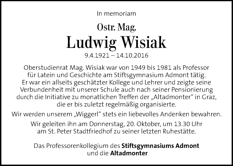  Traueranzeige für Ludwig Wisiak vom 20.10.2016 aus Kleine Zeitung