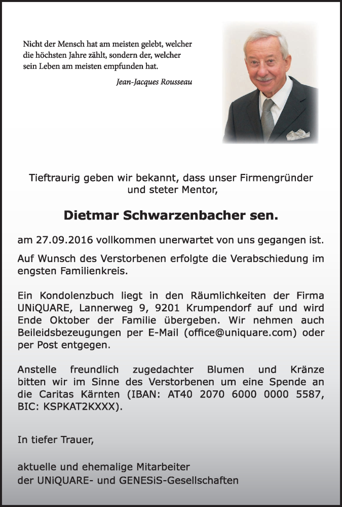  Traueranzeige für Dietmar Schwarzenbacher vom 05.10.2016 aus Kleine Zeitung