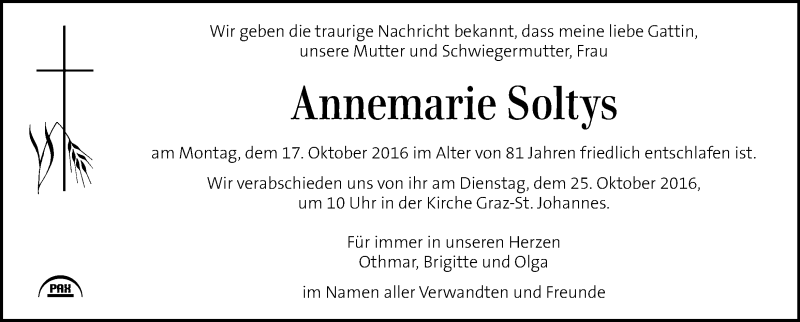  Traueranzeige für Annemarie Soltys vom 21.10.2016 aus Kleine Zeitung