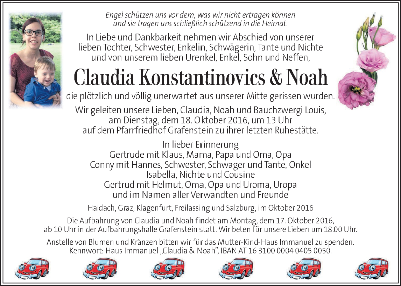  Traueranzeige für Claudia und Noah Konstantinovics vom 15.10.2016 aus Kleine Zeitung