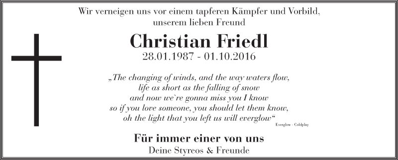  Traueranzeige für Christian Friedl vom 05.10.2016 aus Kleine Zeitung