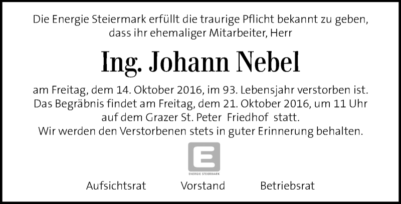  Traueranzeige für Johann Nebel vom 19.10.2016 aus Kleine Zeitung