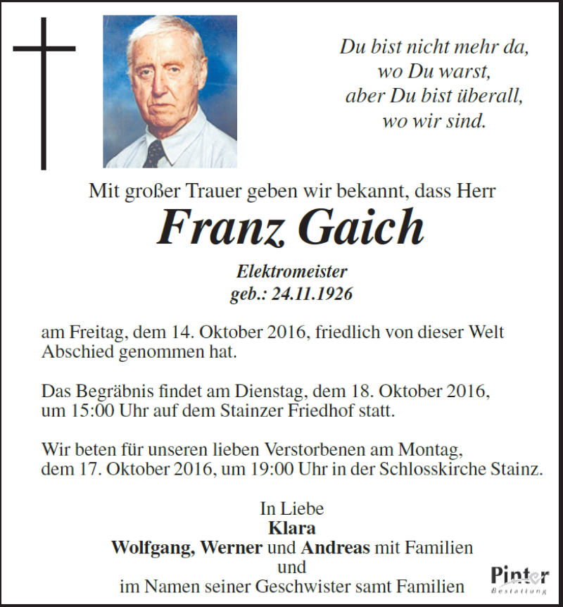  Traueranzeige für Franz Gaich vom 17.10.2016 aus Kleine Zeitung Trauer