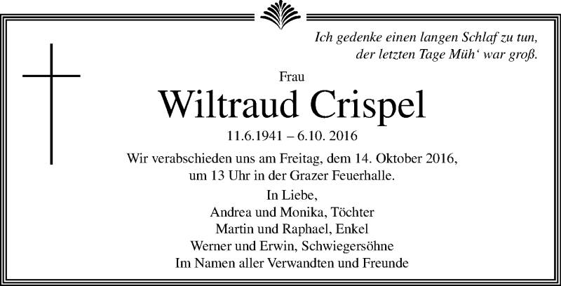  Traueranzeige für Wiltraud Crispel vom 09.10.2016 aus Kleine Zeitung