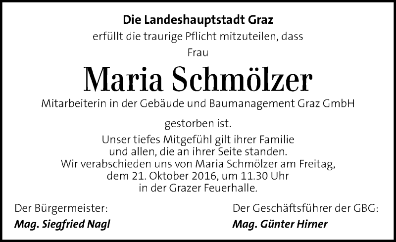  Traueranzeige für Maria Schmölzer  vom 19.10.2016 aus Kleine Zeitung