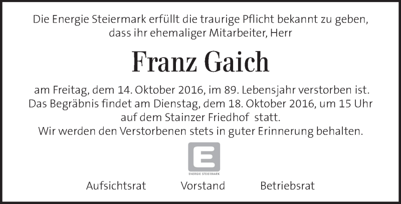  Traueranzeige für Franz Gaich vom 18.10.2016 aus Kleine Zeitung