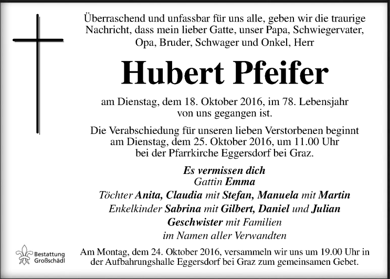  Traueranzeige für Hubert Pfeifer vom 21.10.2016 aus Kleine Zeitung