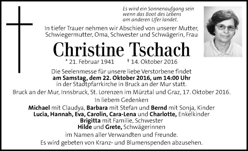  Traueranzeige für Christine Tschach vom 20.10.2016 aus Kleine Zeitung