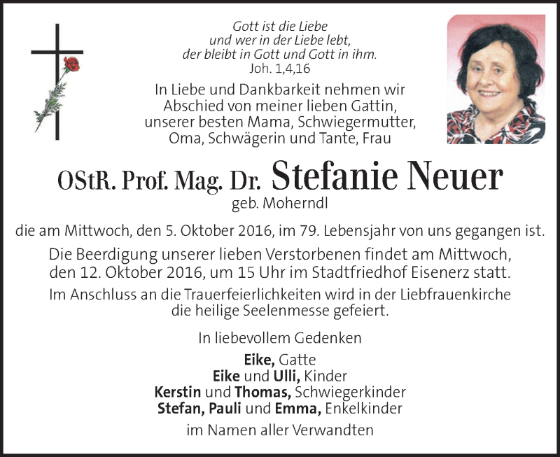  Traueranzeige für Stefanie Neuer vom 08.10.2016 aus Kleine Zeitung