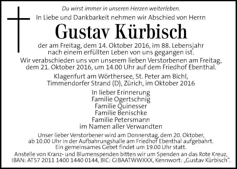  Traueranzeige für Gustav Kürbisch vom 19.10.2016 aus Kleine Zeitung