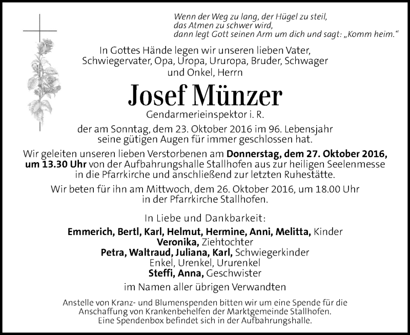  Traueranzeige für Josef Münzer vom 26.10.2016 aus Kleine Zeitung