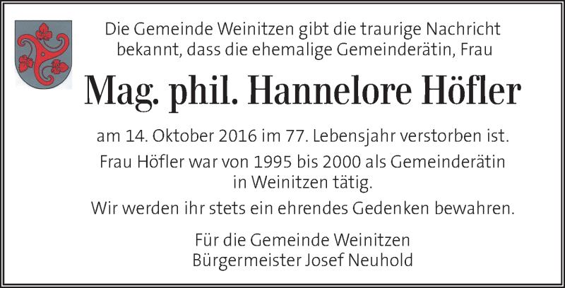  Traueranzeige für Hannelore Höfler vom 19.10.2016 aus Kleine Zeitung