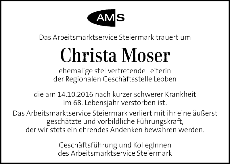  Traueranzeige für Christa Moser vom 20.10.2016 aus Kleine Zeitung