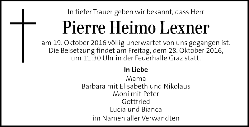  Traueranzeige für Pierre Heimo Lexner vom 26.10.2016 aus Kleine Zeitung