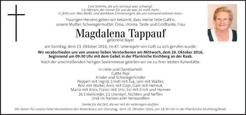  Traueranzeige für Magdalena Tappauf vom 25.10.2016 aus Kleine Zeitung