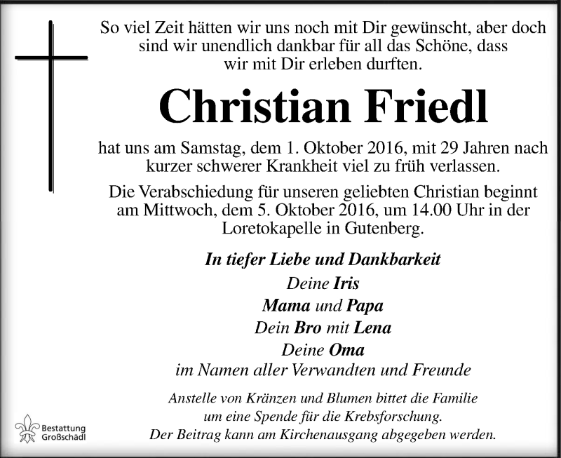  Traueranzeige für Christian Friedl vom 04.10.2016 aus Kleine Zeitung