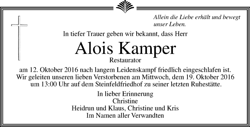  Traueranzeige für Alois Kamper vom 15.10.2016 aus Kleine Zeitung