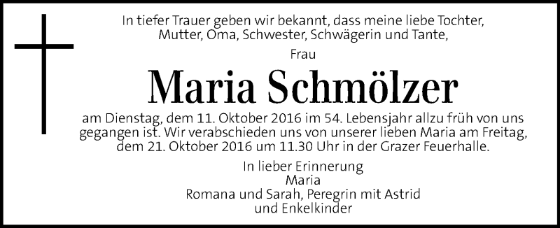  Traueranzeige für Maria Schmölzer  vom 18.10.2016 aus Kleine Zeitung