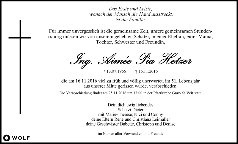 Traueranzeige für Aimée Pia Hetzer vom 23.11.2016 aus Kleine Zeitung