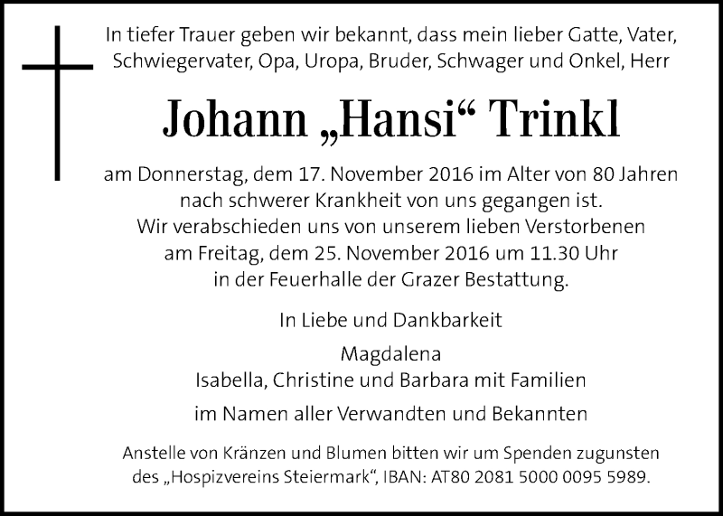  Traueranzeige für Johann Trinkl vom 22.11.2016 aus Kleine Zeitung