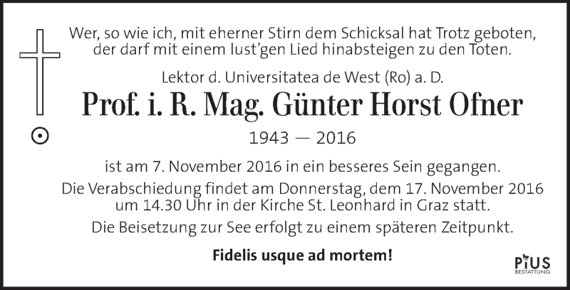  Traueranzeige für Günter Horst Ofner vom 13.11.2016 aus Kleine Zeitung