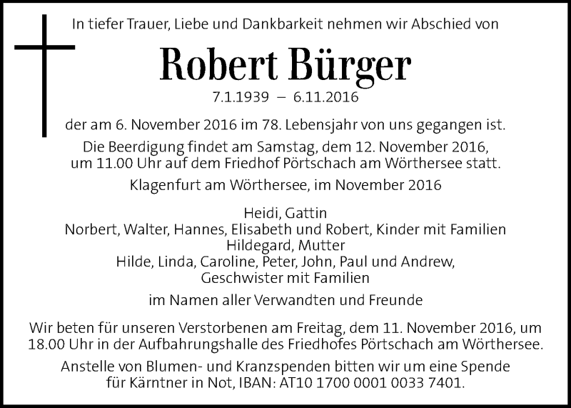  Traueranzeige für Robert Bürger vom 09.11.2016 aus Kleine Zeitung