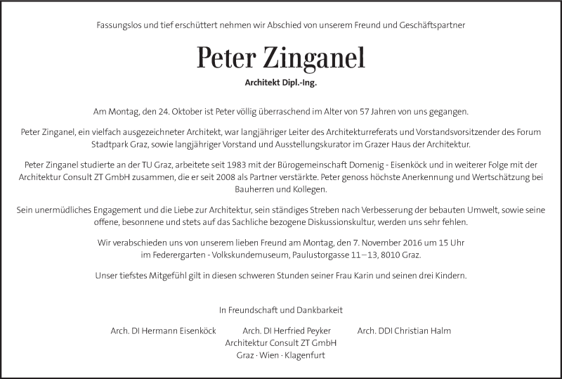  Traueranzeige für Peter Zinganel vom 03.11.2016 aus Kleine Zeitung
