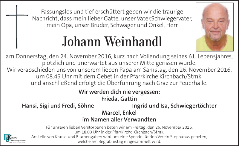  Traueranzeige für Johann Weinhandl vom 25.11.2016 aus Kleine Zeitung