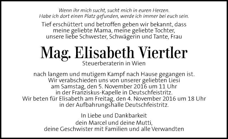  Traueranzeige für Elisabeth Viertler vom 02.11.2016 aus Kleine Zeitung