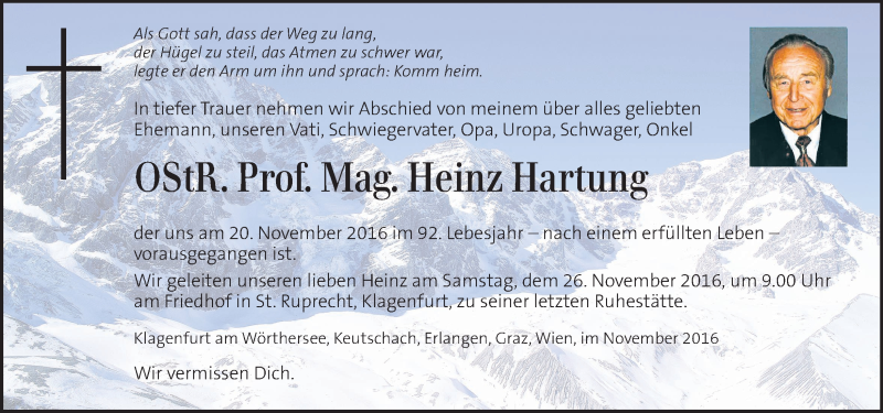  Traueranzeige für Heinz Hartung vom 23.11.2016 aus Kleine Zeitung
