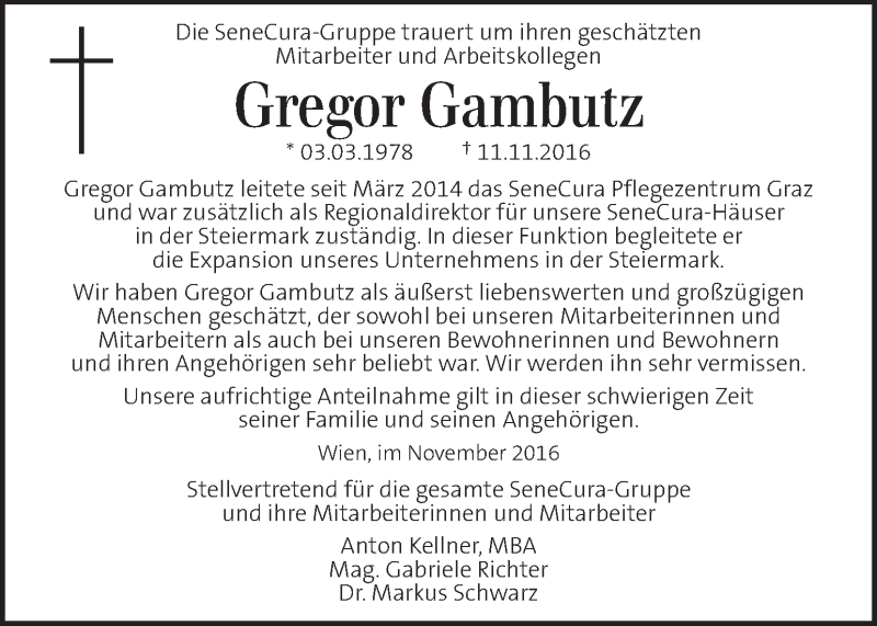  Traueranzeige für Gregor Gambutz vom 16.11.2016 aus Kleine Zeitung