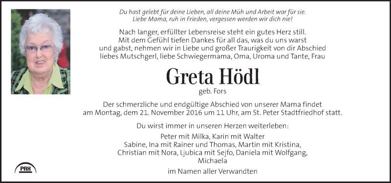  Traueranzeige für Greta Hödl vom 18.11.2016 aus Kleine Zeitung