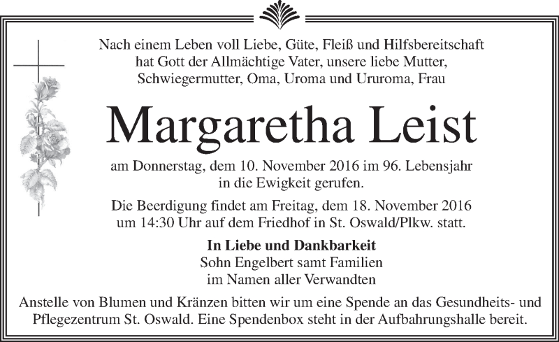  Traueranzeige für Margaretha Leist vom 16.11.2016 aus Kleine Zeitung