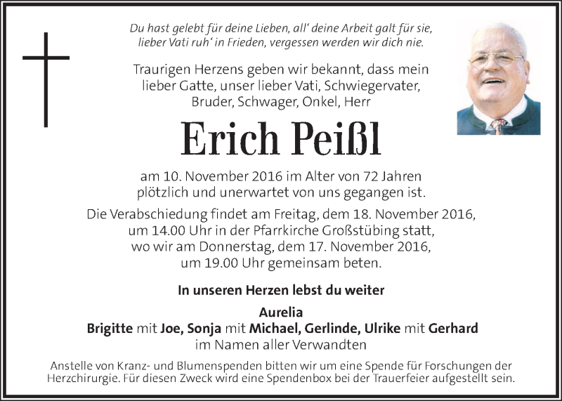  Traueranzeige für Erich Peißl vom 16.11.2016 aus Kleine Zeitung