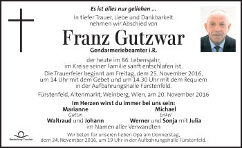 Traueranzeige von Franz Gutzwar von Kleine Zeitung