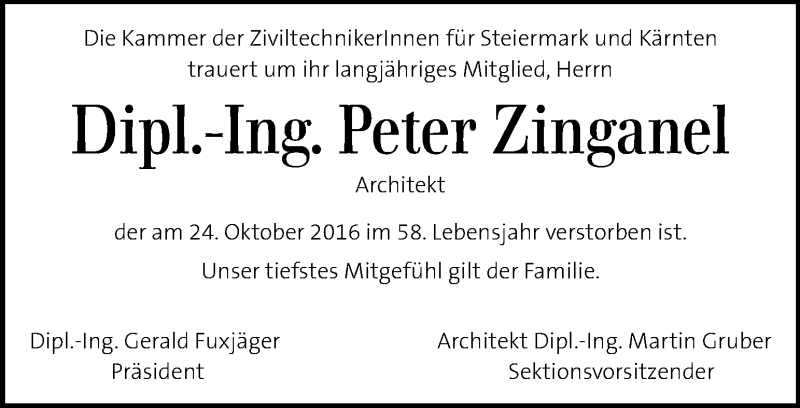  Traueranzeige für Peter Zinganel vom 03.11.2016 aus Kleine Zeitung