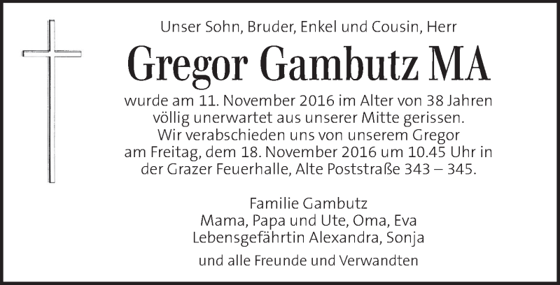  Traueranzeige für Gregor Gambutz vom 16.11.2016 aus Kleine Zeitung