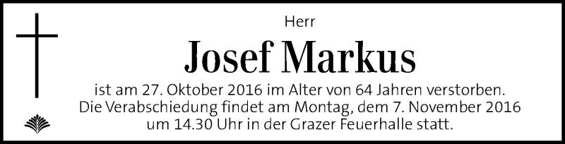  Traueranzeige für Josef Markus  vom 03.11.2016 aus Kleine Zeitung